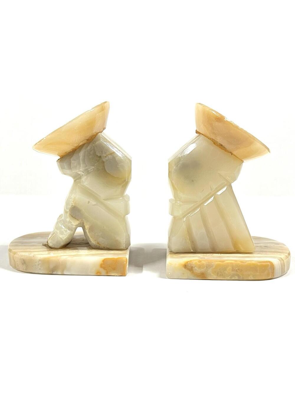 Vintage Bookends Hand Carved Onyx Marble Stone Mexican Siesta Sombreros Mexico